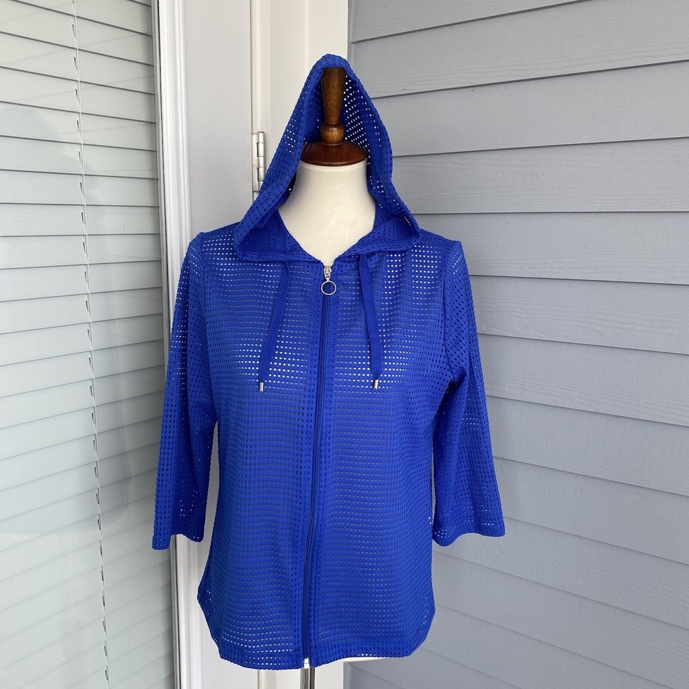 Chicos Women Top Size 0 Tunic Blouse Blue Full Zip 3/4 Sleeve Hoodie Beach Holes